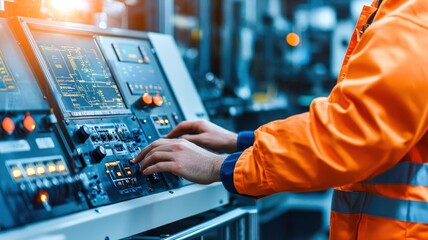 A worker in an orange safety jacket operates machinery controls in an industrial setting, demonstrating precision and focus on equipment management.