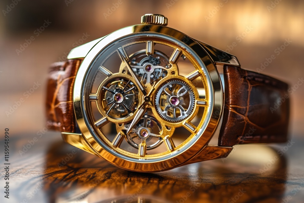 Poster luxury wristwatch with intricate golden frame displayed on polished wooden surface. generative ai