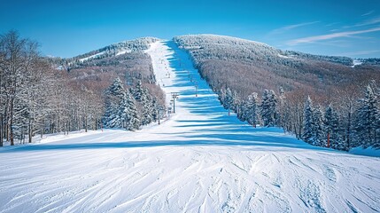 Fototapeta premium A picturesque snowy slope with frosted trees under a clear blue sky, perfect for winter sports and scenic views.