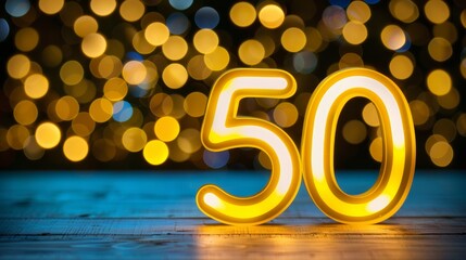 Glowing yellow neon sign of number fifty on dark background representing half century celebration