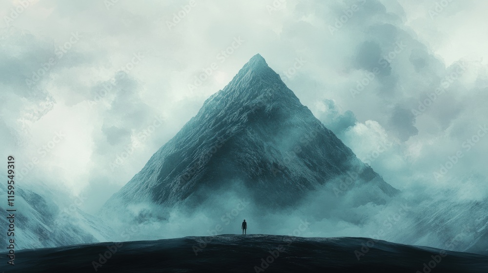 Aufkleber Lonely figure confronts massive mountain shrouded in mist at dusk in an expansive wilderness. Generative AI