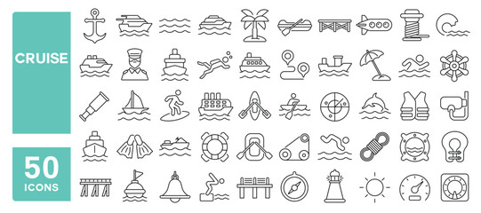 Set of 50 line icons related to cruise, boat, ship, trip, ferry, yacht, marine, sail, tourism, vessel, Editable stroke. Vector illustration