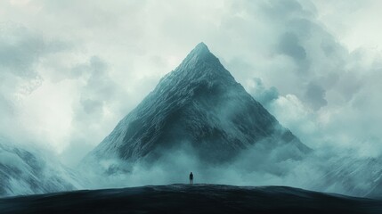 Lonely figure confronts massive mountain shrouded in mist at dusk in an expansive wilderness. Generative AI