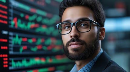 Obraz premium Focused man monitoring stock market on screens