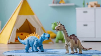 Selbstklebende Fototapeten Verspielte Dinosaurier in einem farbenfrohen Spielzimmer-Ambiente für die Fantasie und den Spaß der Kinder © Business Image