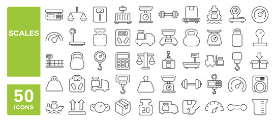 Set of 50 line icons related to scales, weight, scale, measure, electronic, arrow, kilogram, size, volume, gauge, Editable stroke. Vector illustration