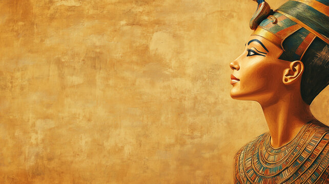 Ancient Egypt concept background with empty copy space. Egyptian queen horizontal banner. Ancient Egyptian Goddess creative poster. Digital painting in photo style. AI artwork.
