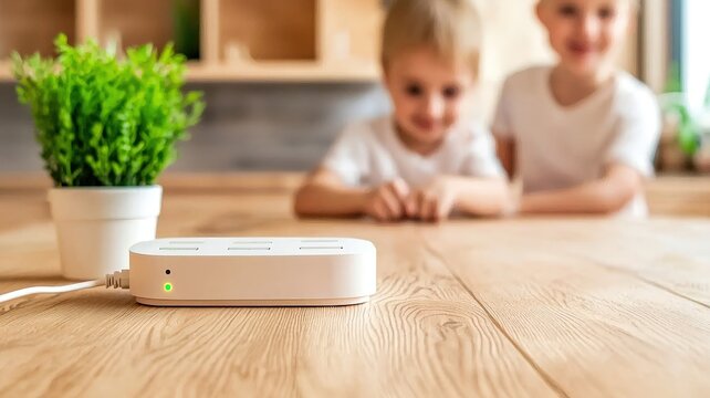 A power strip is placed on a wooden table, with two children playing in the background and a small potted plant nearby.