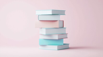 Pastellfarbene gestapelte B&uuml;cher mit holografischen &Uuml;berlagerungen auf rosa Hintergrund f&uuml;r moderne Designkonzepte