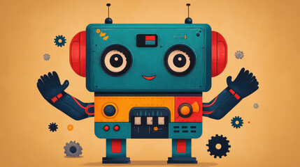 Doodle, A quirky robot waving, featuring intricate gears and wires, captured in a high-resolution PNG format, ideal for creative and tech-themed projects.