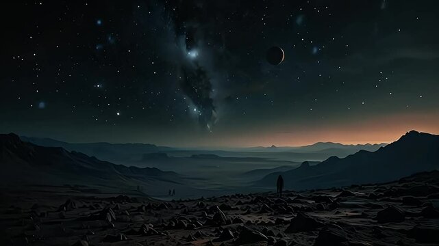 lonely man waiting sunrise and dawn in the mountains with dark milky way starry sky