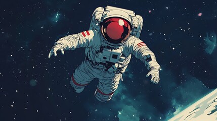 An astronaut floats in space, surrounded by stars and a distant planet.