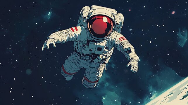 An astronaut floats in space, surrounded by stars and a distant planet.