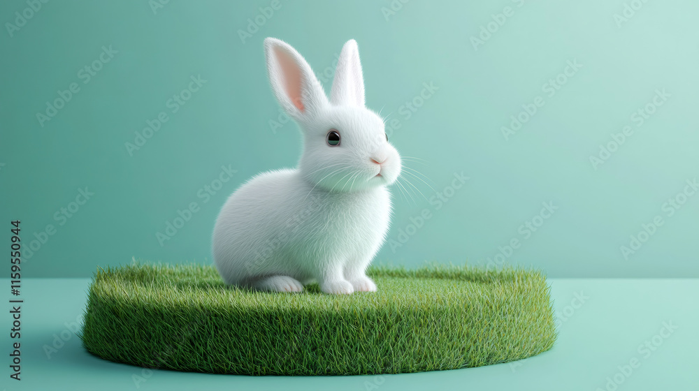 Poster cute white easter bunny sitting on a round patch of grass against a turquoise background, creating a