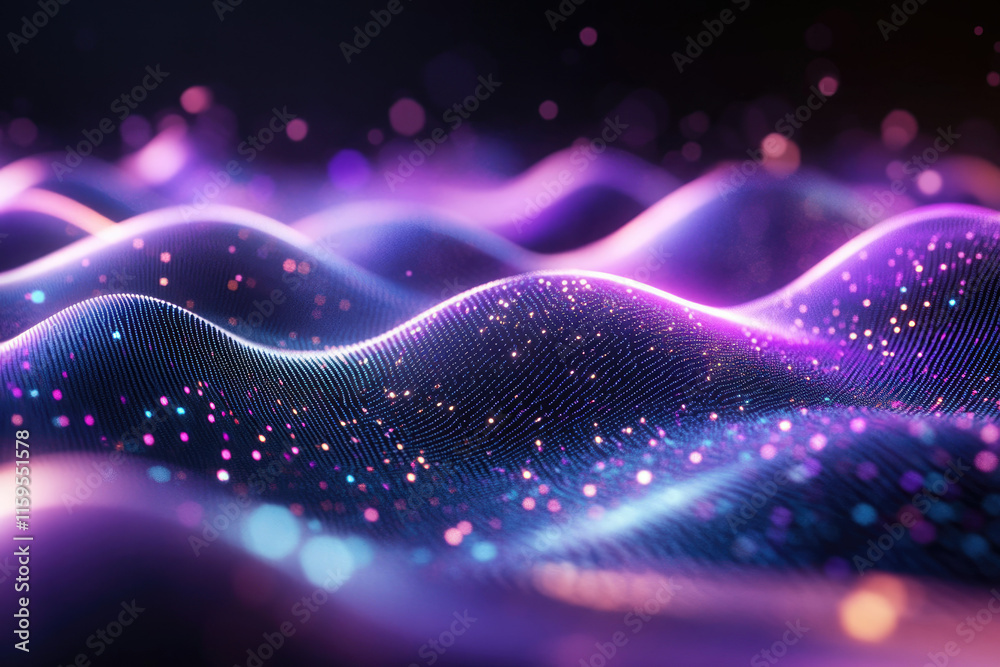 Wall mural abstract purple and blue wave pattern with glowing particles, creating a futuristic and energetic di