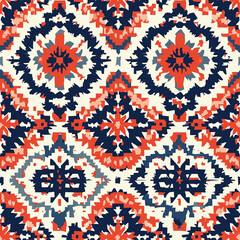 Vibrant geometric pattern featuring bold colors of red, navy, and cream, ideal for textiles or wallpaper designs.