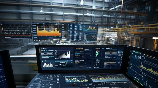 Multiple computer screens display various data visualizations and key performance indicators, providing real time insights into the factory's operations within a high tech industrial control center
