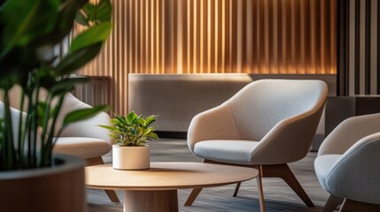 Modern minimalist office lounge with minimal decor. Featuring clean lines and a refined design