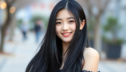Obraz premium A young woman, Korea superstar girl, Straight black hair, off shoulder, smiling at the camera.full body