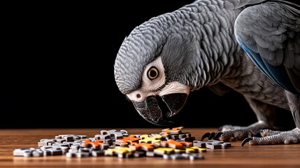 Fototapeta premium Grey parrot interacting with colorful jigsaw puzzle pieces on wooden surface.
