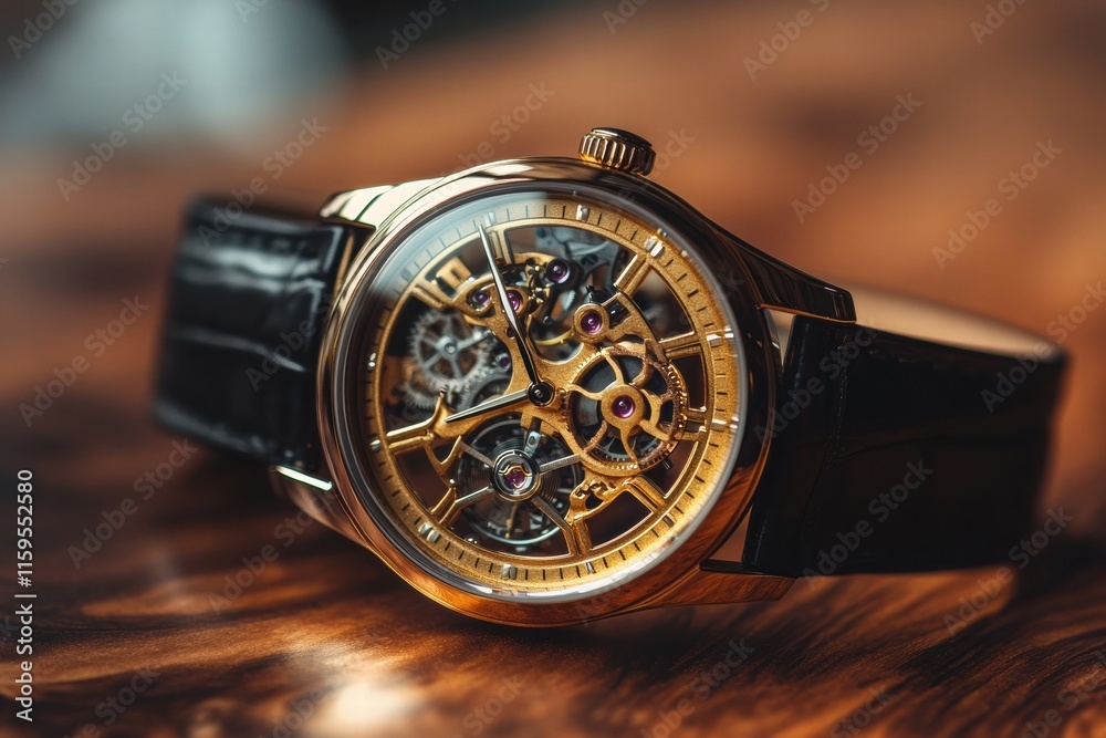 Poster Luxury wristwatch with a golden frame on a wooden surface showcasing intricate design and craftsmanship in a modern setting. Generative AI