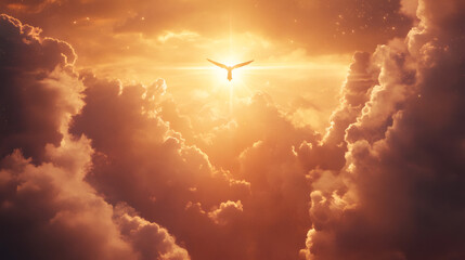 Obraz premium White dove flying towards shining heaven light through dramatic clouds, easter resurrection, spiritual concept