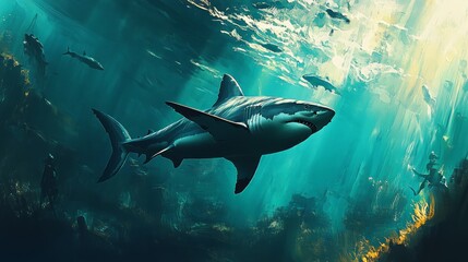 Fototapeta premium Majestic great white shark swimming in deep ocean, sunlight filtering through water, other fish and diver visible.