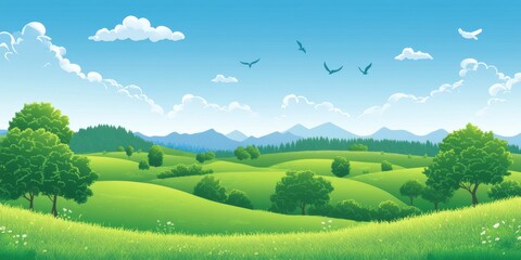 Calm nature scenery with grass, hills, and clouds