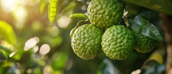 Ripe kaffir limes hanging on a tree branch in sunlight.