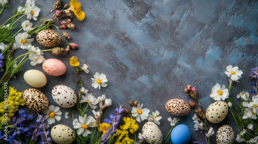 Poster Colorful easter eggs and spring flowers creating a beautiful frame on rustic background with copy space