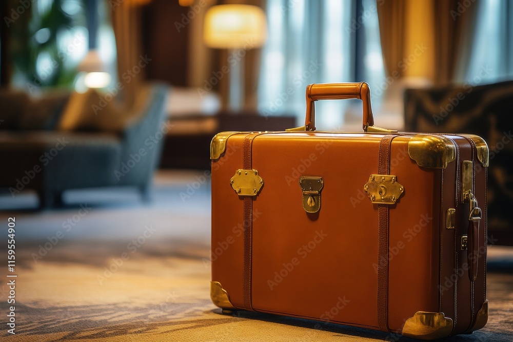 Aufkleber luxurious leather suitcase with golden hardware in an elegant hotel lobby setting. generative ai