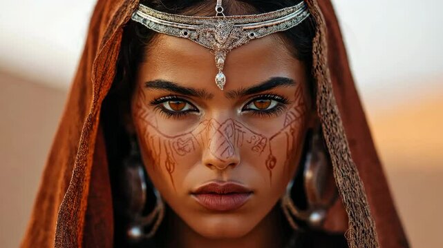 A woman with a gold headband and brown scarf. She has brown eyes and a brown face