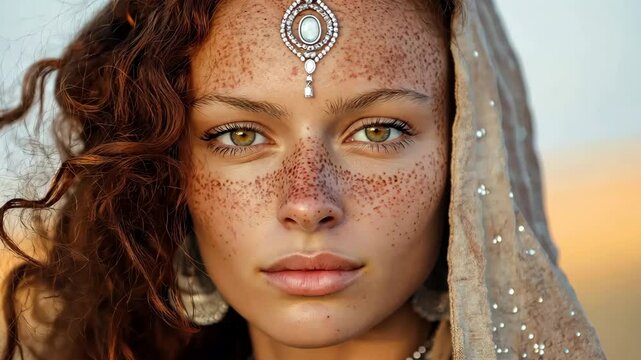 A woman with red hair and green eyes is wearing a turban and a necklace. She has a red dot on her nose