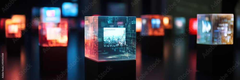 Poster floating cubes display abstract symbols representing creativity in a digital art exhibition at an in
