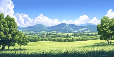 Rolling green meadow under a bright sunny day