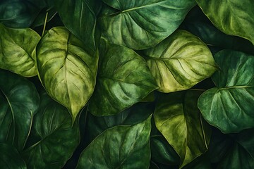 Fototapeta premium Green Leaf Collection: Artistic Watercolor and Detailed Digital Illustrations Featuring Clovers, Tropical Leaves, Falling Foliage, and Textured Dry Leaves - Perfect for Nature-Themed Designs and Decor