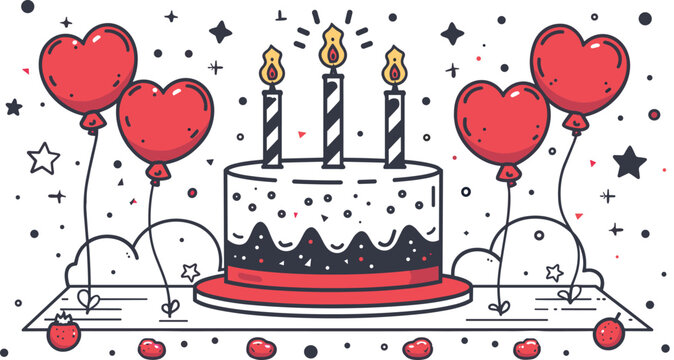 Colorful birthday cake with heart-shaped balloons and candles