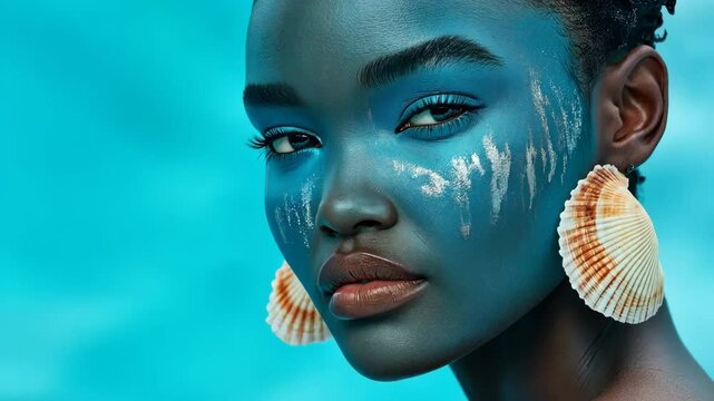 A woman with blue face paint and shell earrings. The blue face paint gives the impression of a mermaid or a sea creature