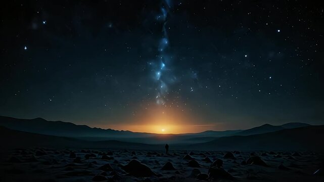 lonely man when dawn on starry night skywith milky way