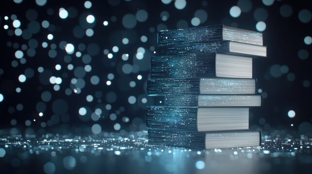 Futuristische gestapelte B&uuml;cher mit holografischen Overlays auf abstraktem Hintergrund