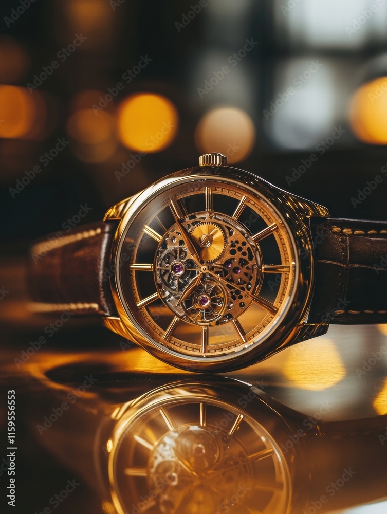 Aufkleber luxury wristwatch with golden frame and intricate design showcased in an elegant environment. genera