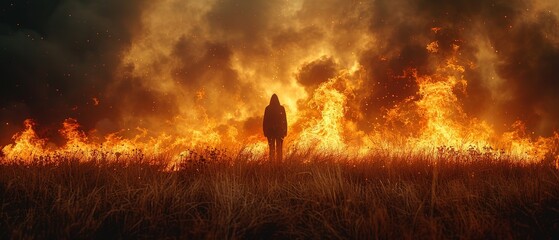 Fototapeta premium silhouette of a person on the background of a big fire 