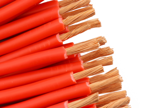 Electric copper stranded insulated mounting wires. Close-up. Soft focus. Transparent background in png.