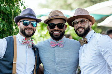 Three stylish men in hats and bow ties at an outdoor event