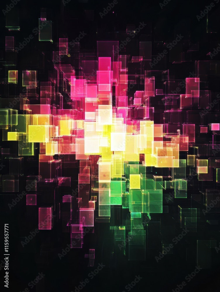 Fototapete Glowing abstract mosaic of pixelated elements creating vibrant patterns in an artistic display. Generative AI