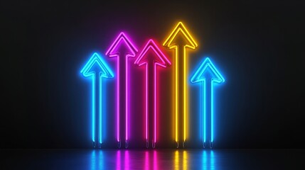 3D Neon Lights with Five Arrows Abstract minimalist business startup growth concept background with colorful neon lights forming ascending arrows Profit and investment vector