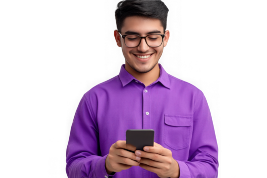 Young happy man looking at his phone 
