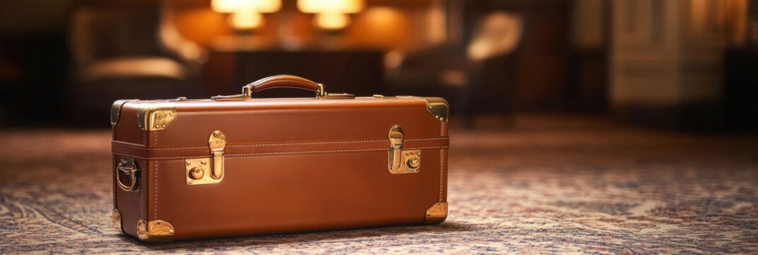 Luxurious leather suitcase with golden hardware placed elegantly in an upscale hotel lobby during the evening. Generative AI