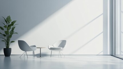 Modern minimalist study lounge with minimal furnishings. Featuring a clean, open design with contemporary lines