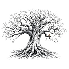 Detailed Pencil Sketch of Tree with Sprawling Roots and Bird Nest, ai generated